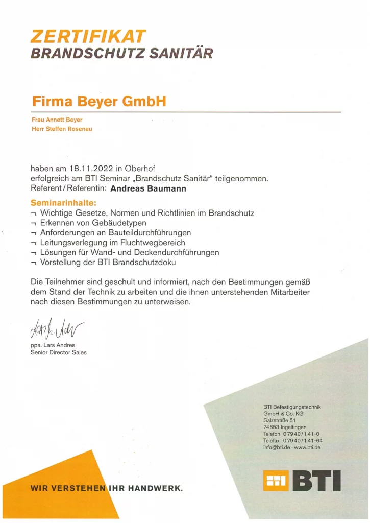 Brandschutz Zertifikat