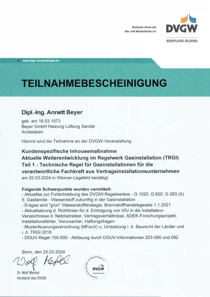 Teilnahmebescheinigung DVGW Gas