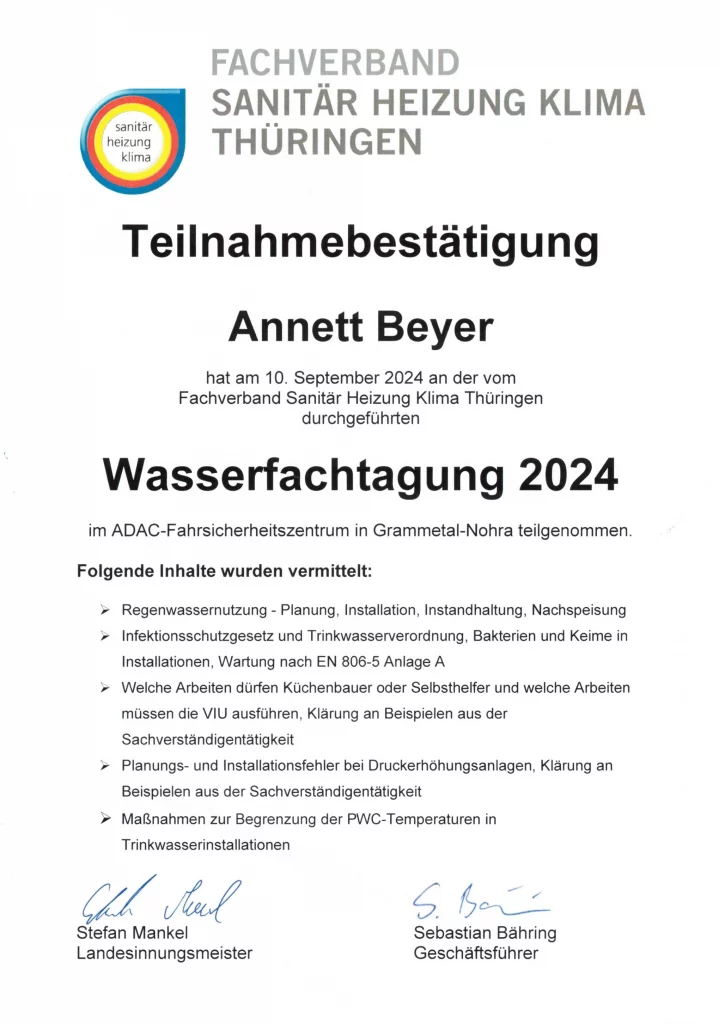 Teilnahmebescheinigung DVGW Wasser