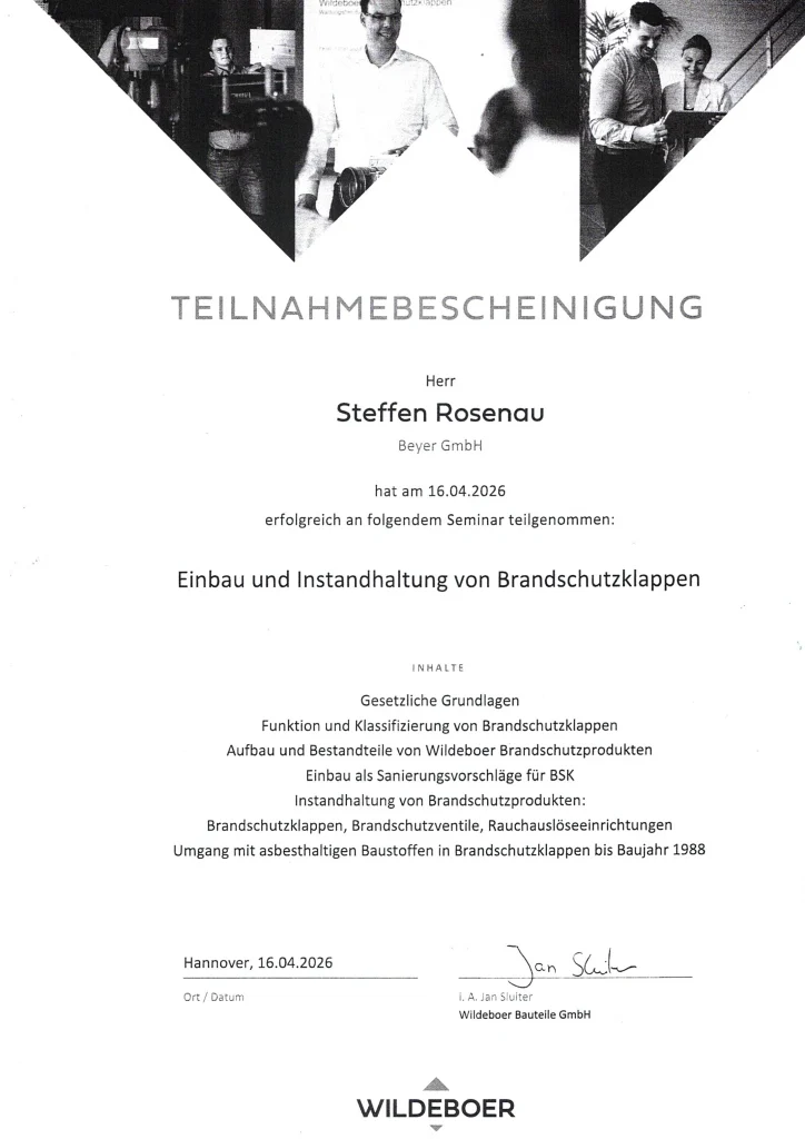 Teilnahmebescheinigung Einbau und Instandhaltung von Brandschutzklappen